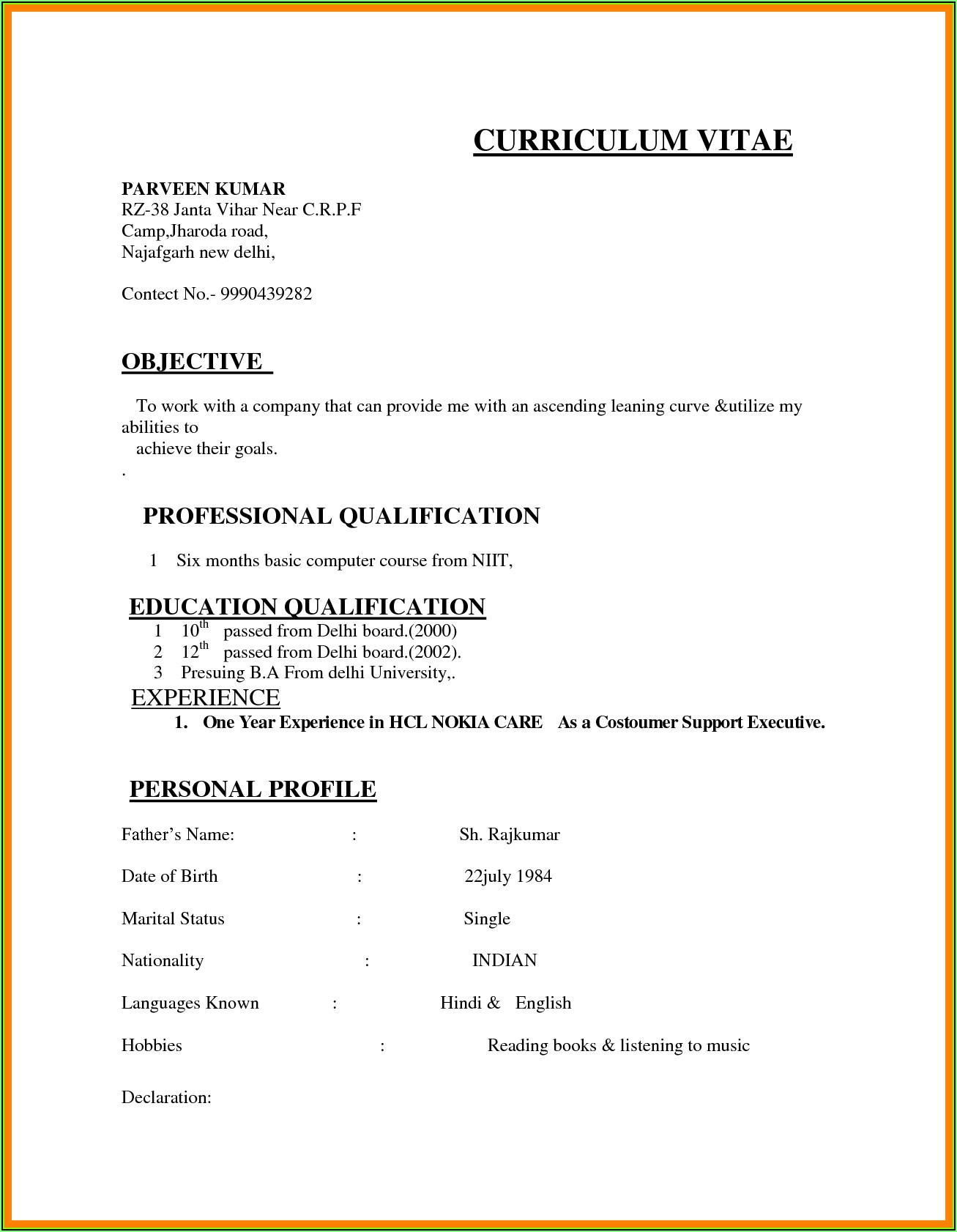 Sample Resume Format For Mis Executive