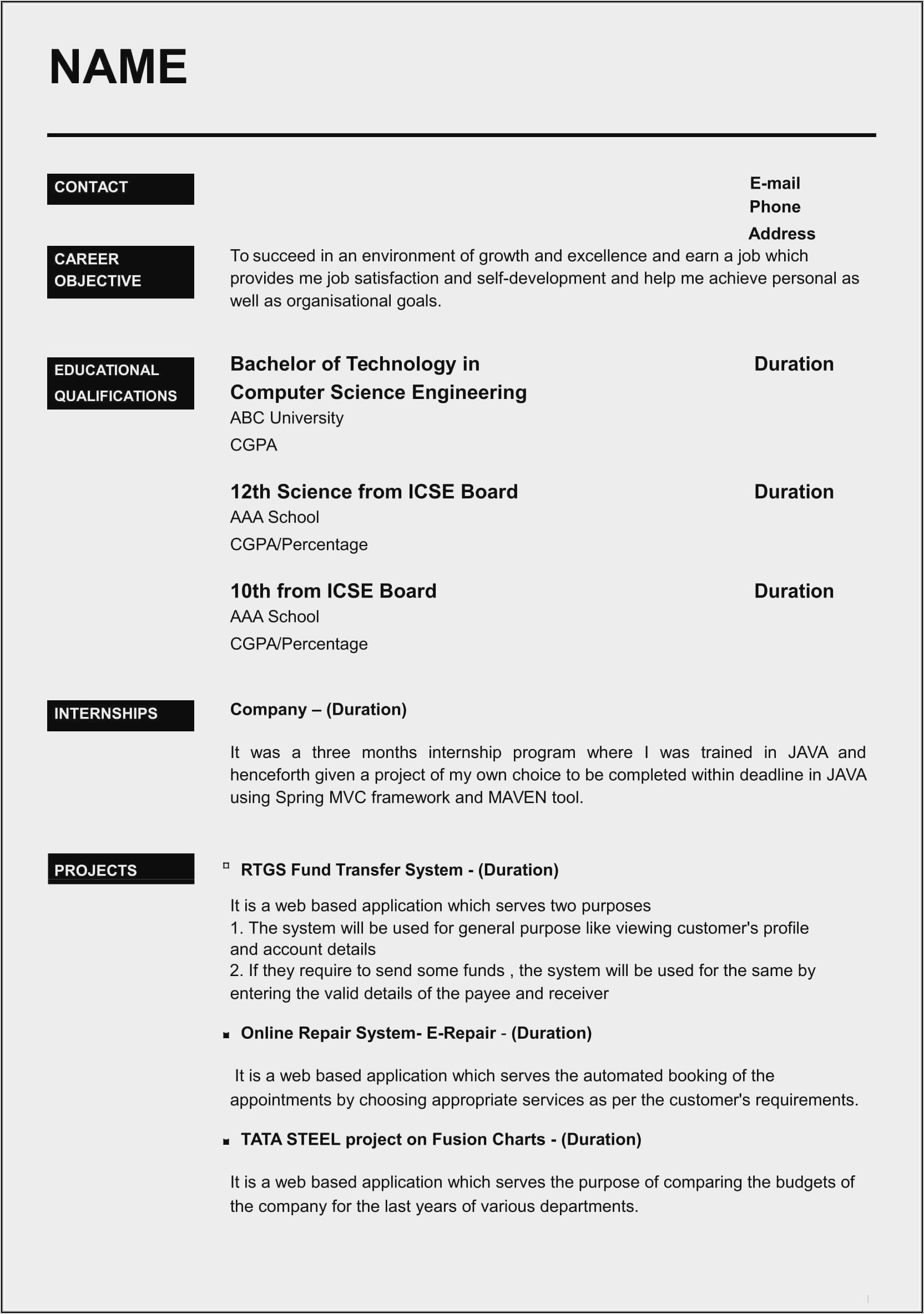 Sample Resume Free Download For Freshers