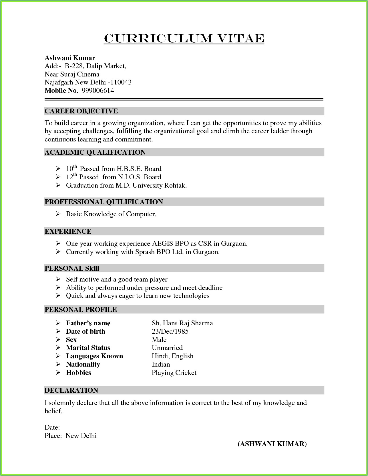 Simple Resume Format Download For Freshers