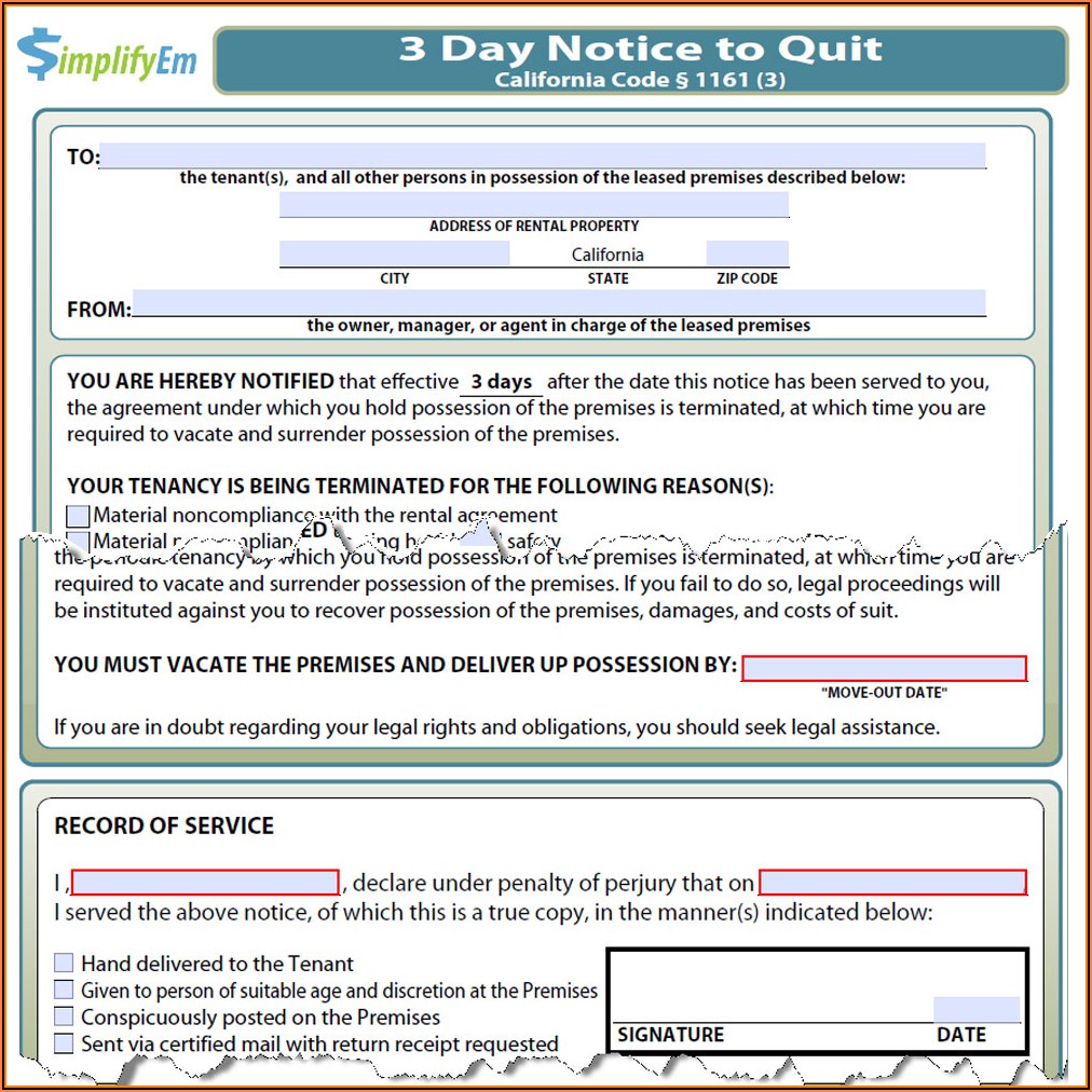3 Day Notice To Cure Or Quit Form California