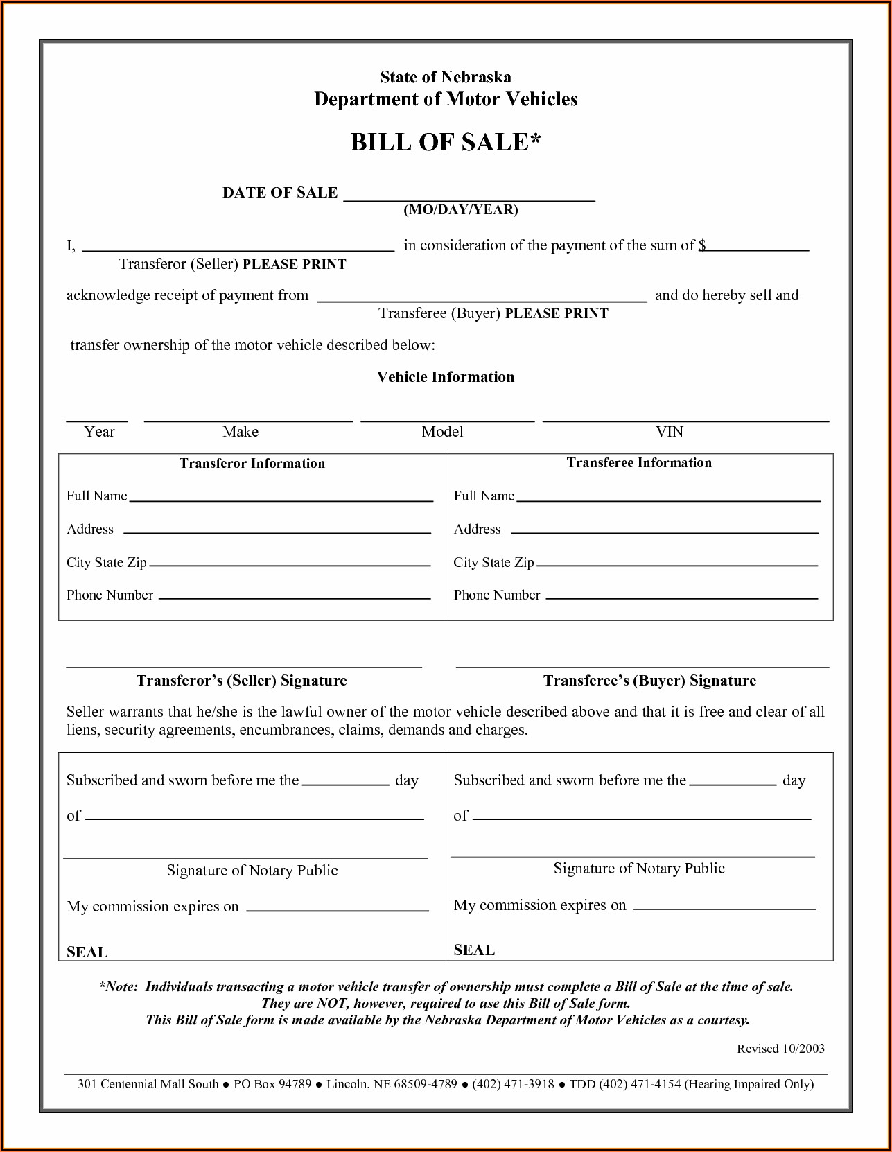 Auto Bill Of Sale Form Printable