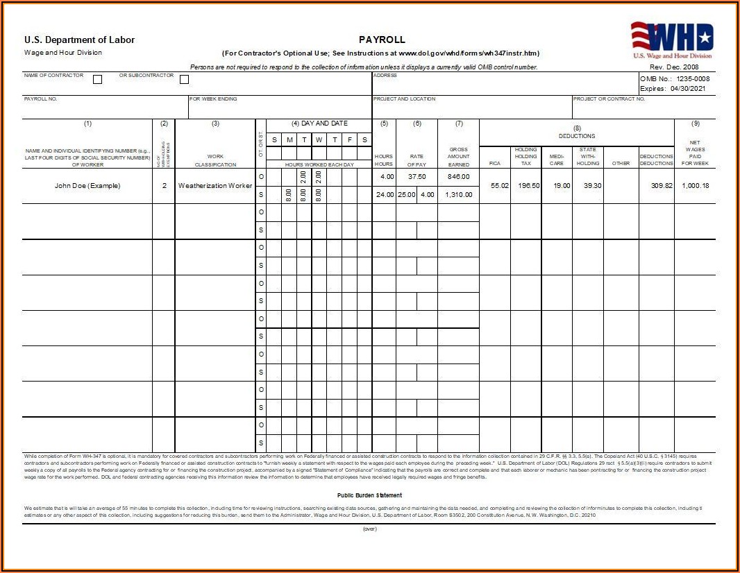 Certified Payroll Form Wh 347