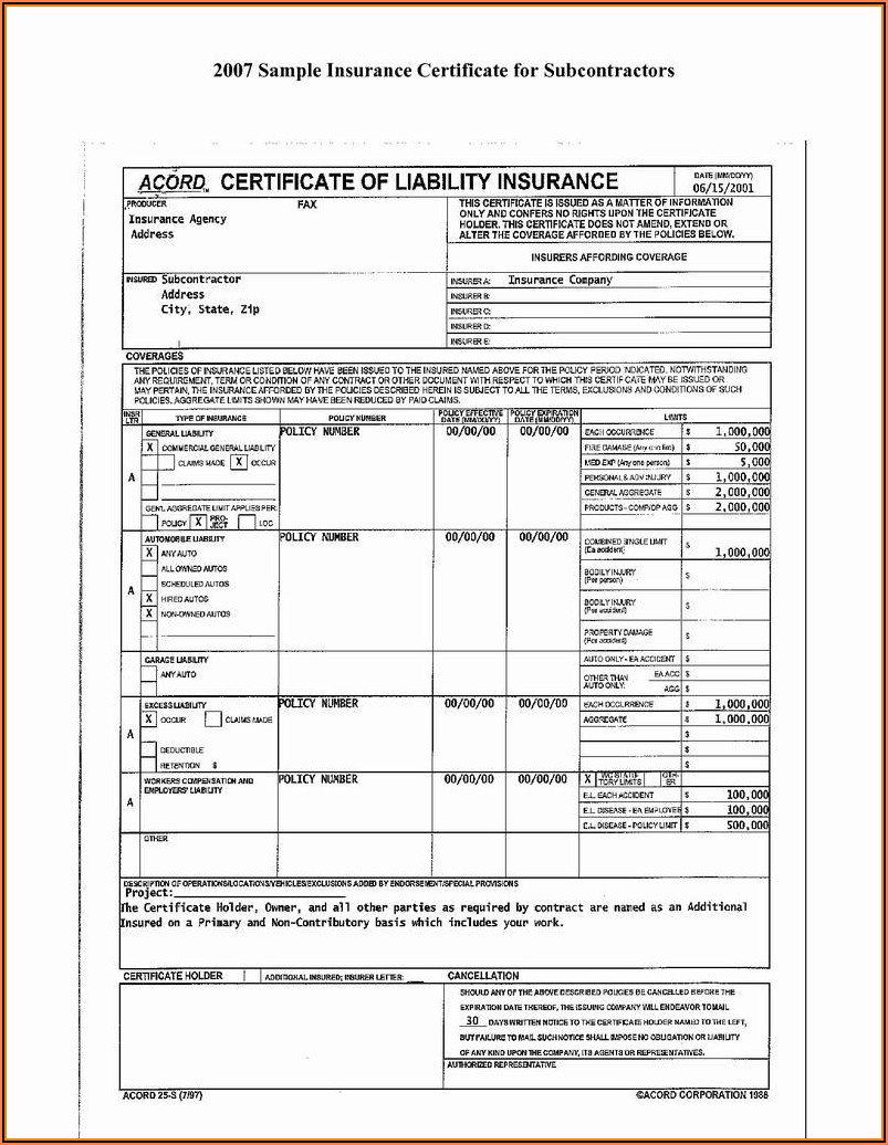Commercial General Liability Insurance Acord Form