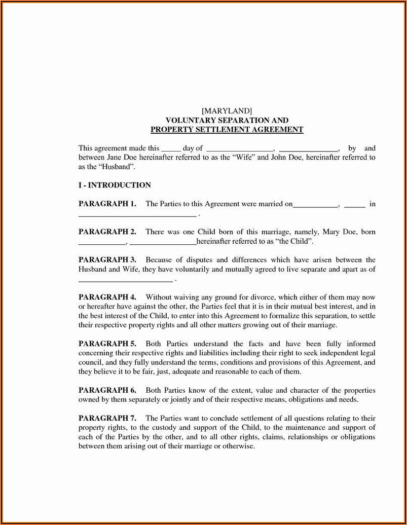 Divorce Settlement Agreement Form Maryland