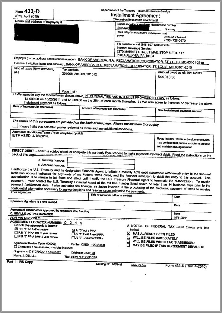 Fax Irs Form 433 D
