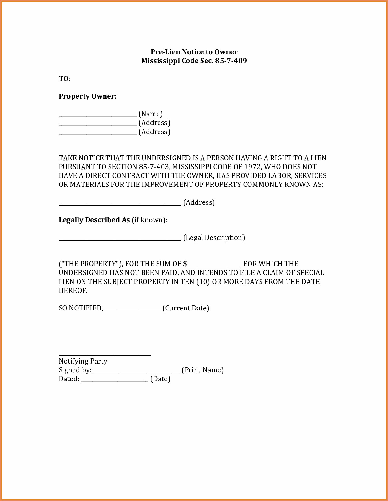 Free Preliminary Lien Notice Form