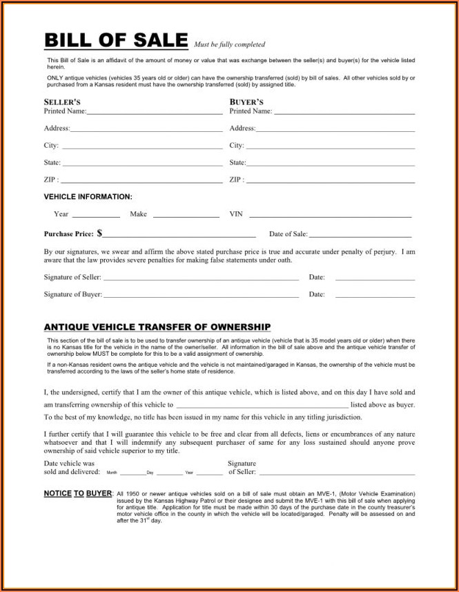 Free Printable Automobile Bill Of Sale Form