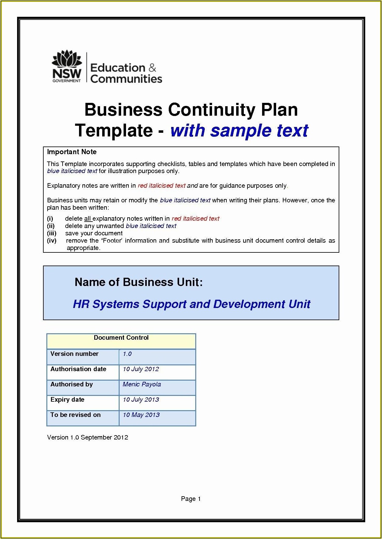 Free Simple Business Continuity Plan Template