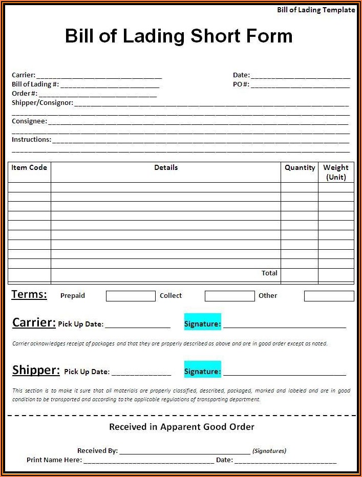 Free Straight Bill Of Lading Short Form Fillable