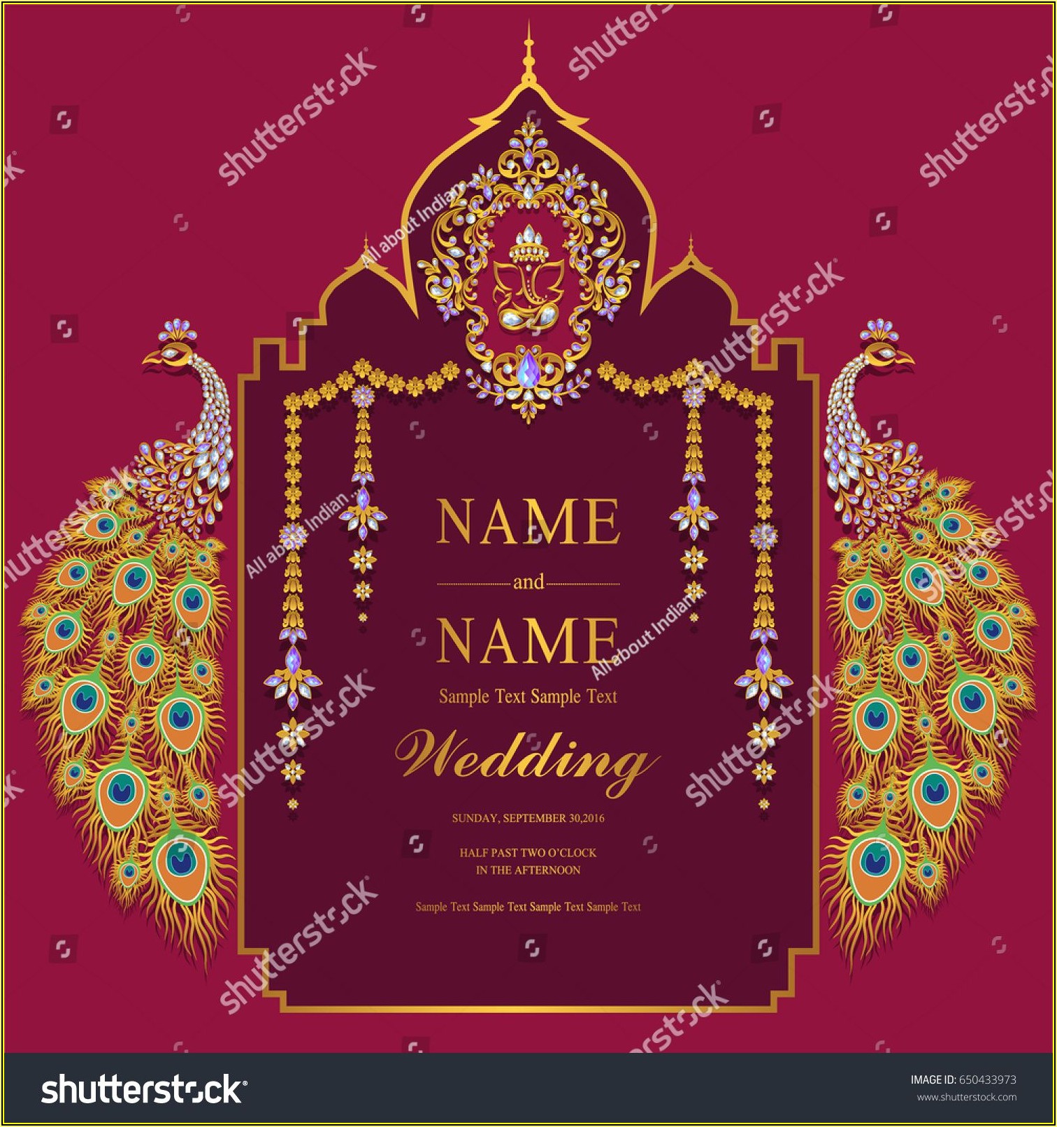 Indian Wedding Invitation Card Template With Gold Peacock Patterned And Crystals On Paper Color