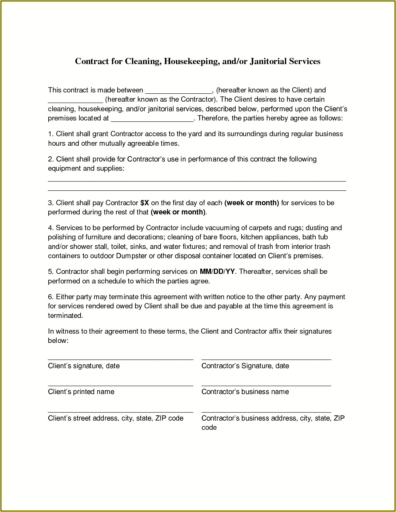 Janitorial Contract Templates Free