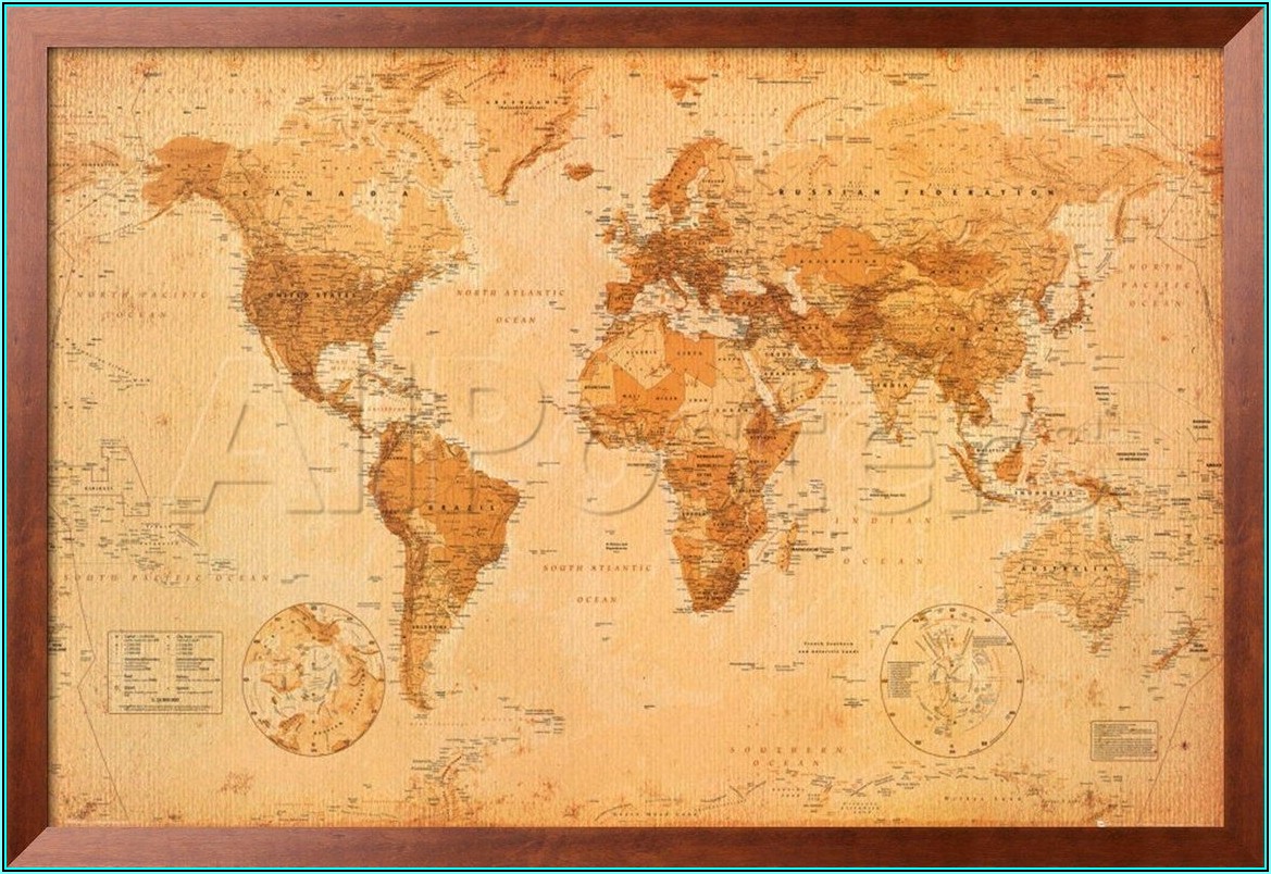 Large Antique World Map Framed