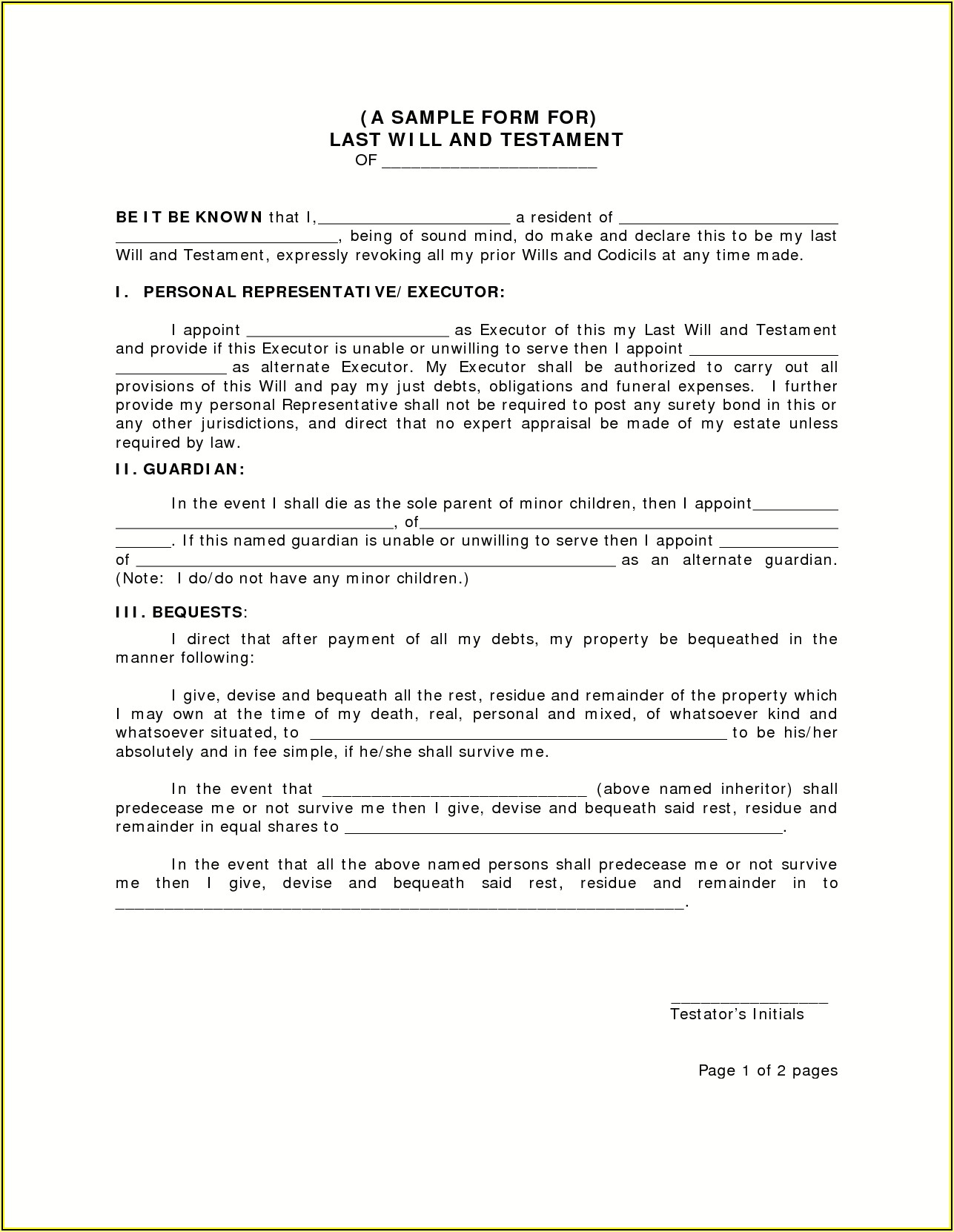 Last Wills And Testaments Free Templates