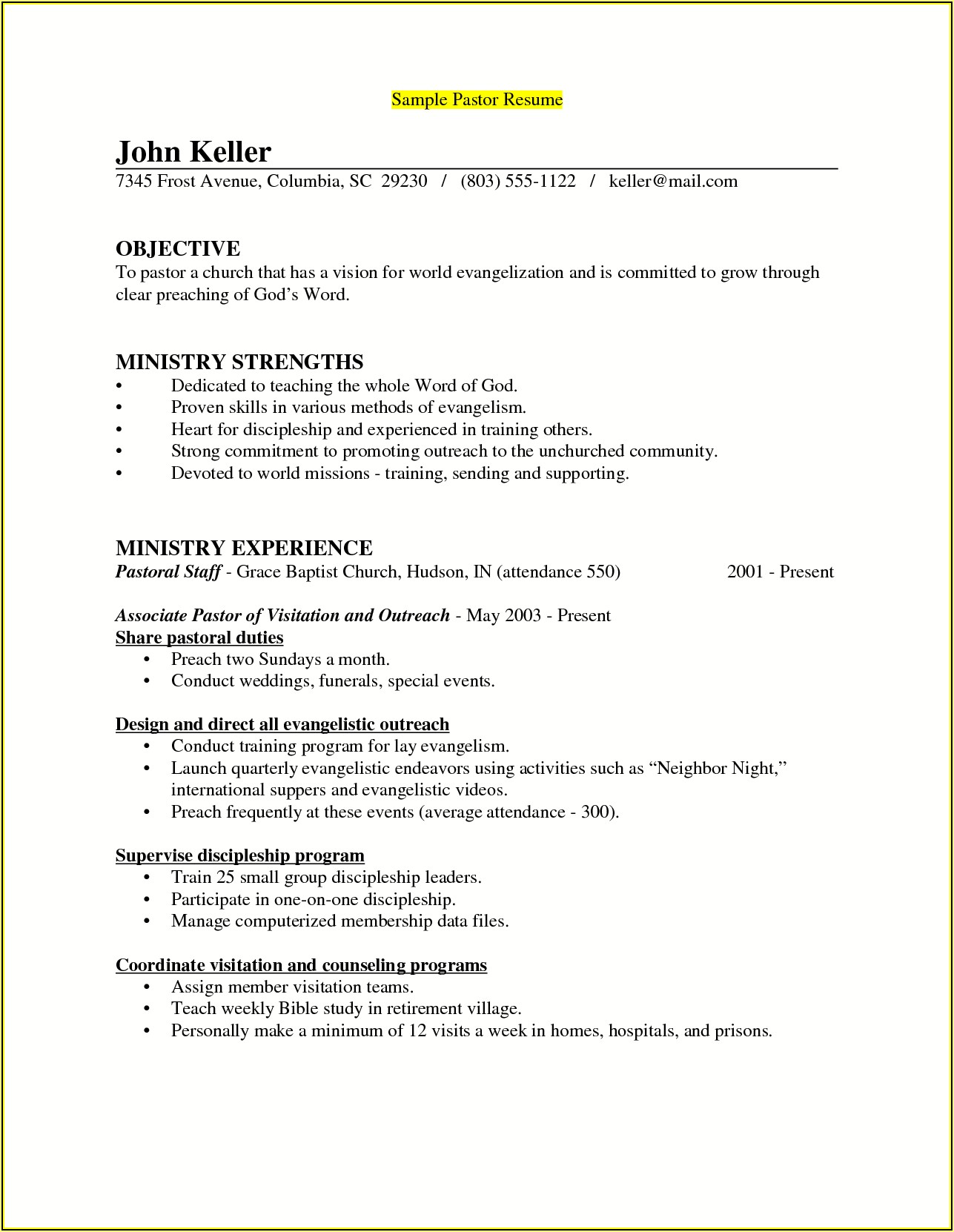 Ministerial Resume Template