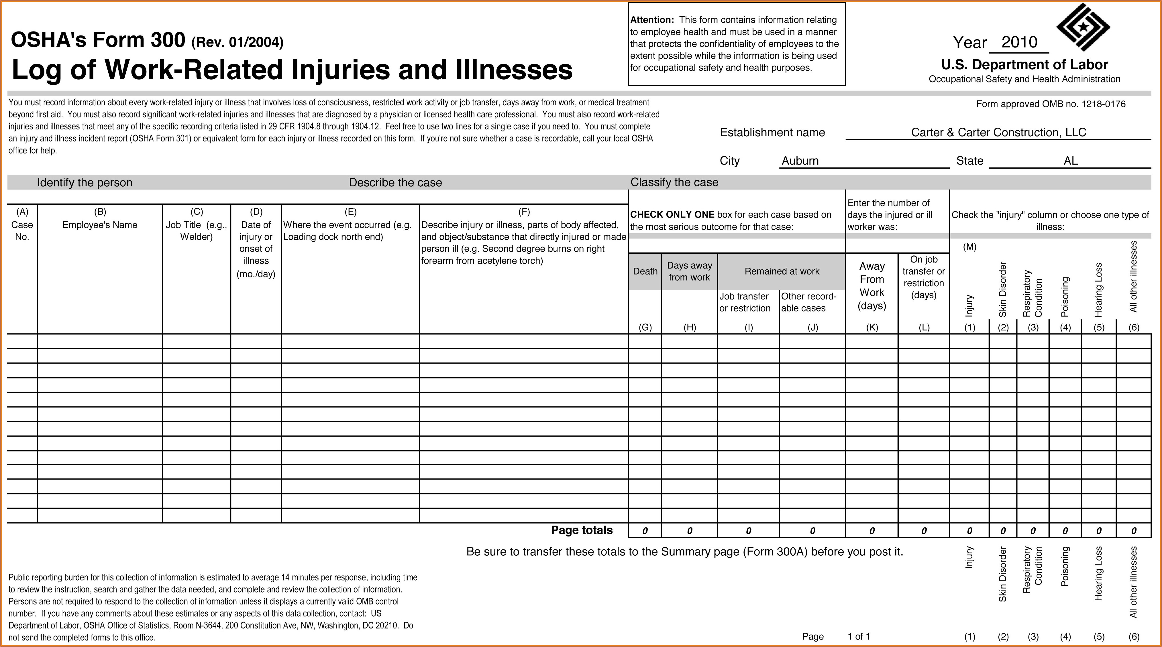Osha Forms For Recording Work Related Injuries And Illnesses 2017