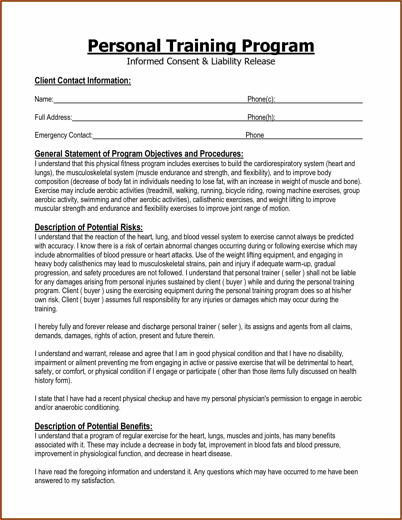 Personal Trainer Waiver Form Canada