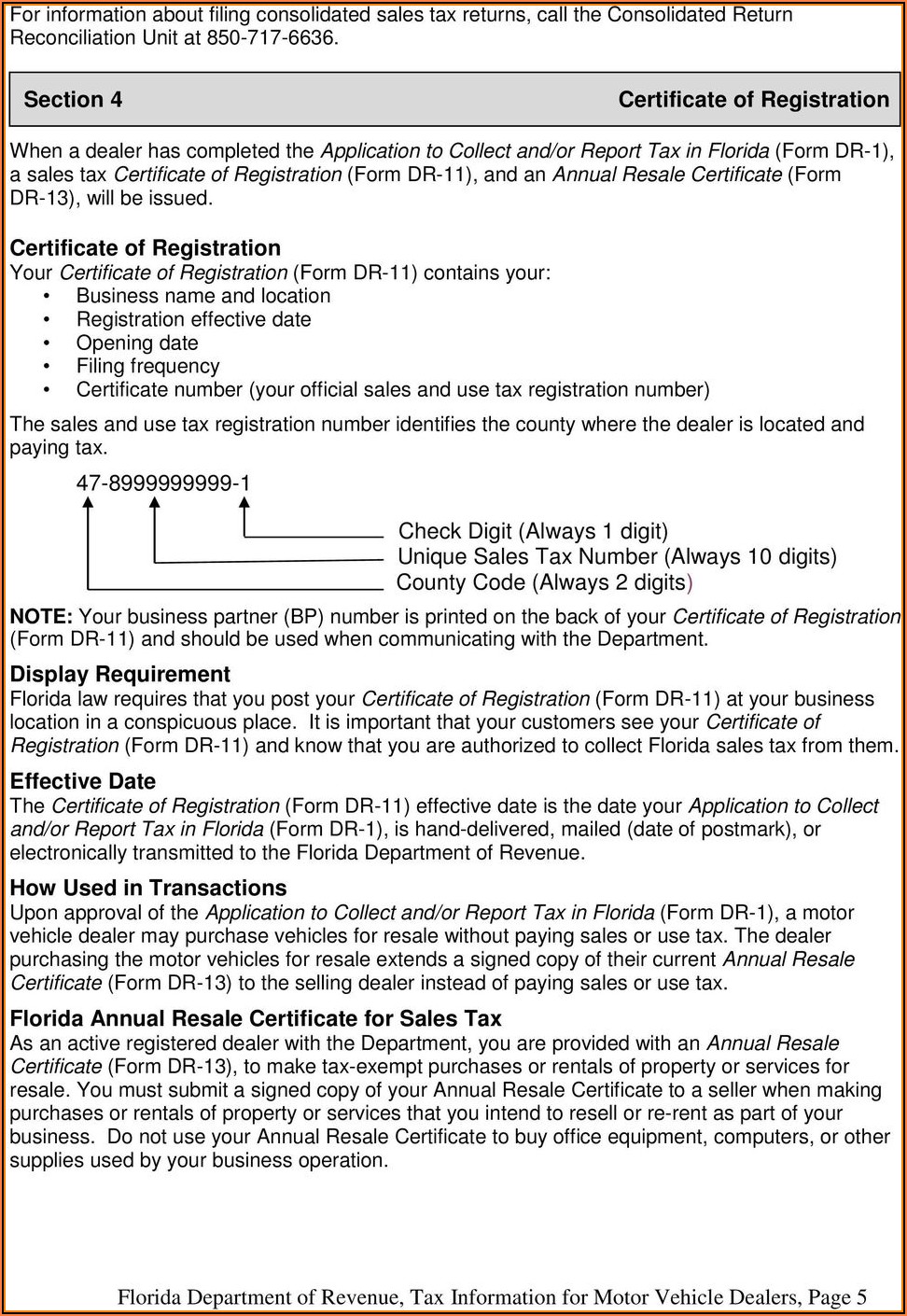 Print Florida Annual Resale Certificate Form Dr 13