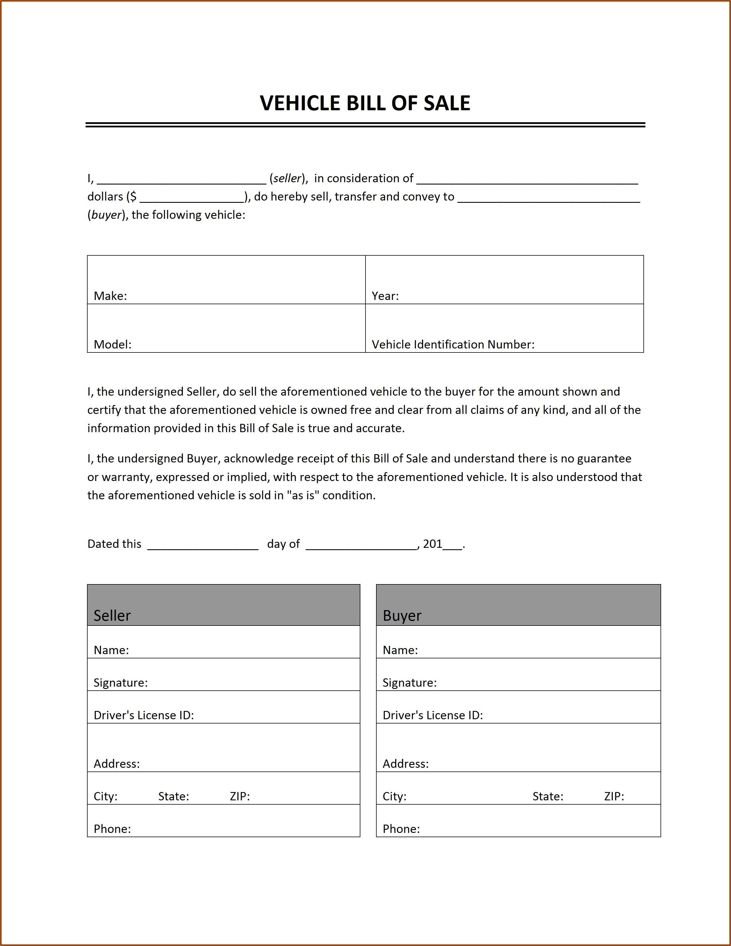 Printable Auto Bill Of Sale Form