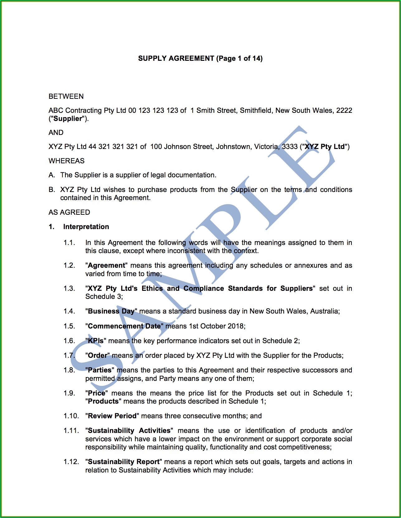 Product Supply Agreement Template Free