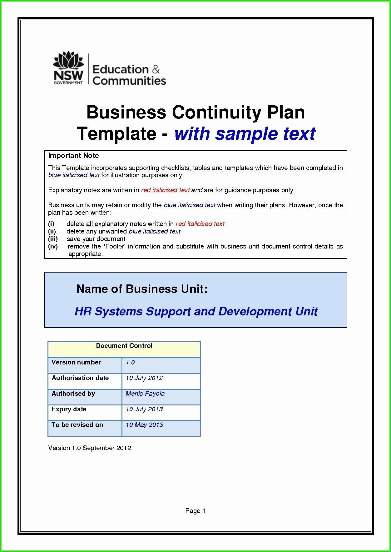 Simple Small Business Continuity Plan Template