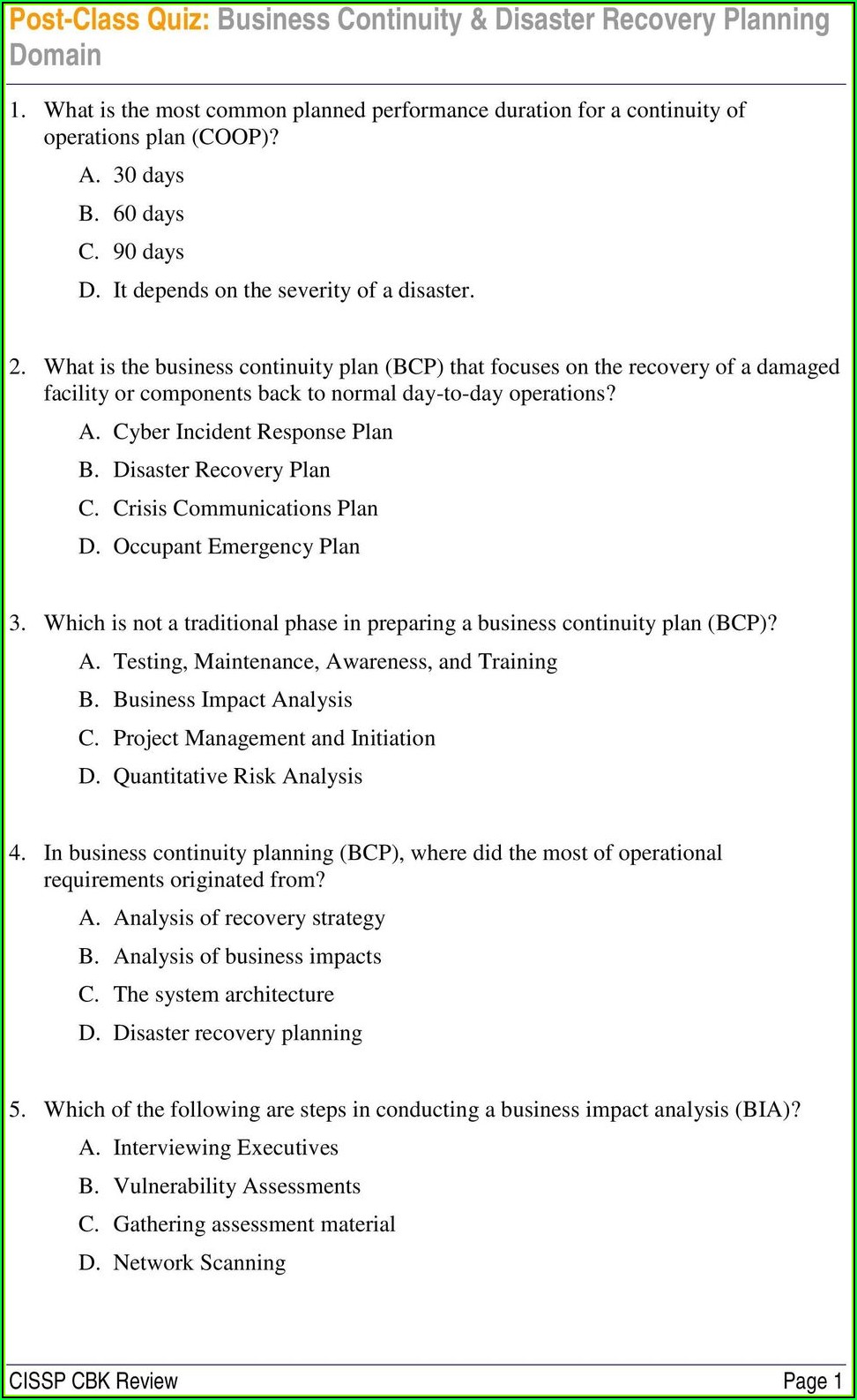 Small Business Continuity Plan Example