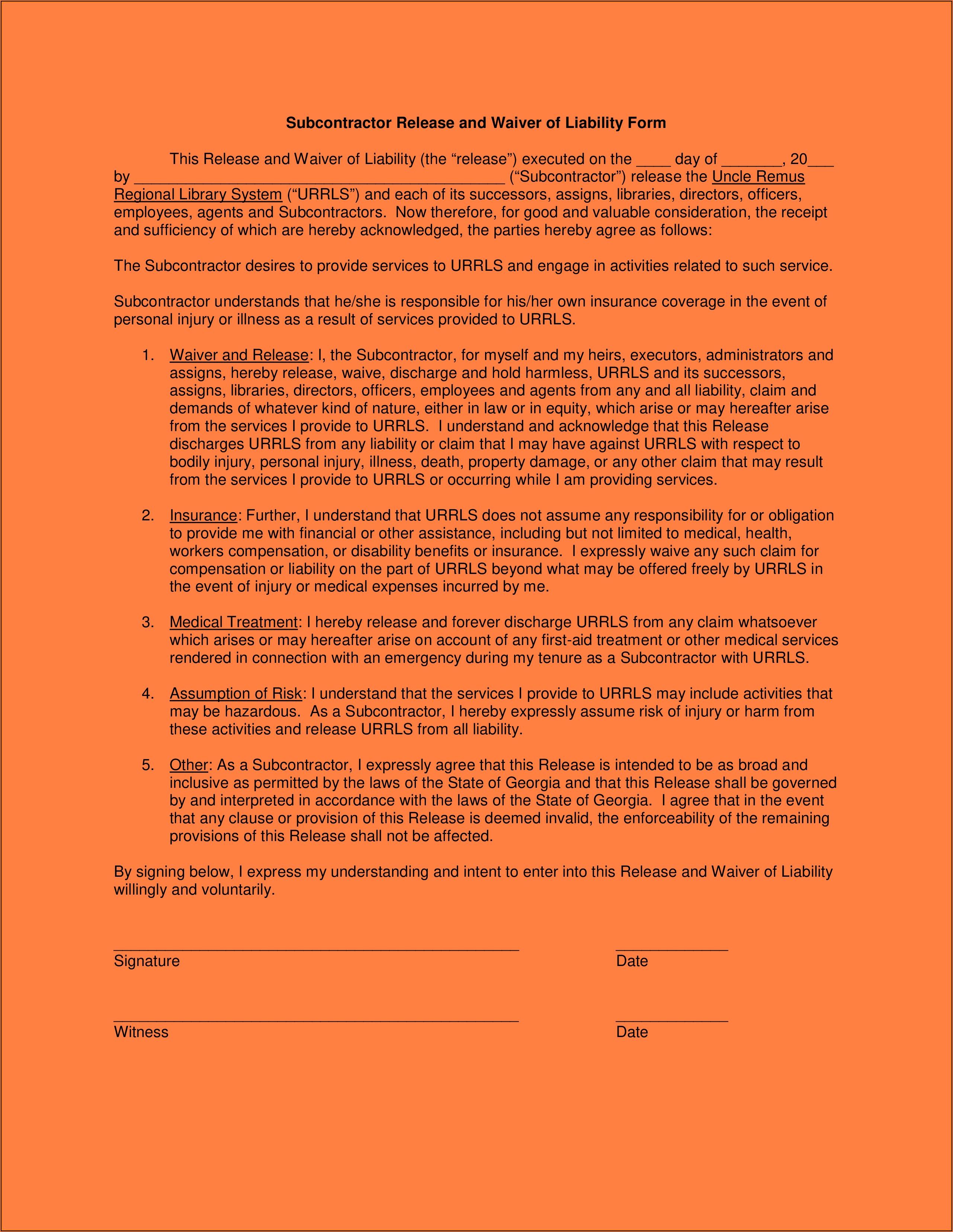Subcontractor Workers Comp Waiver Form