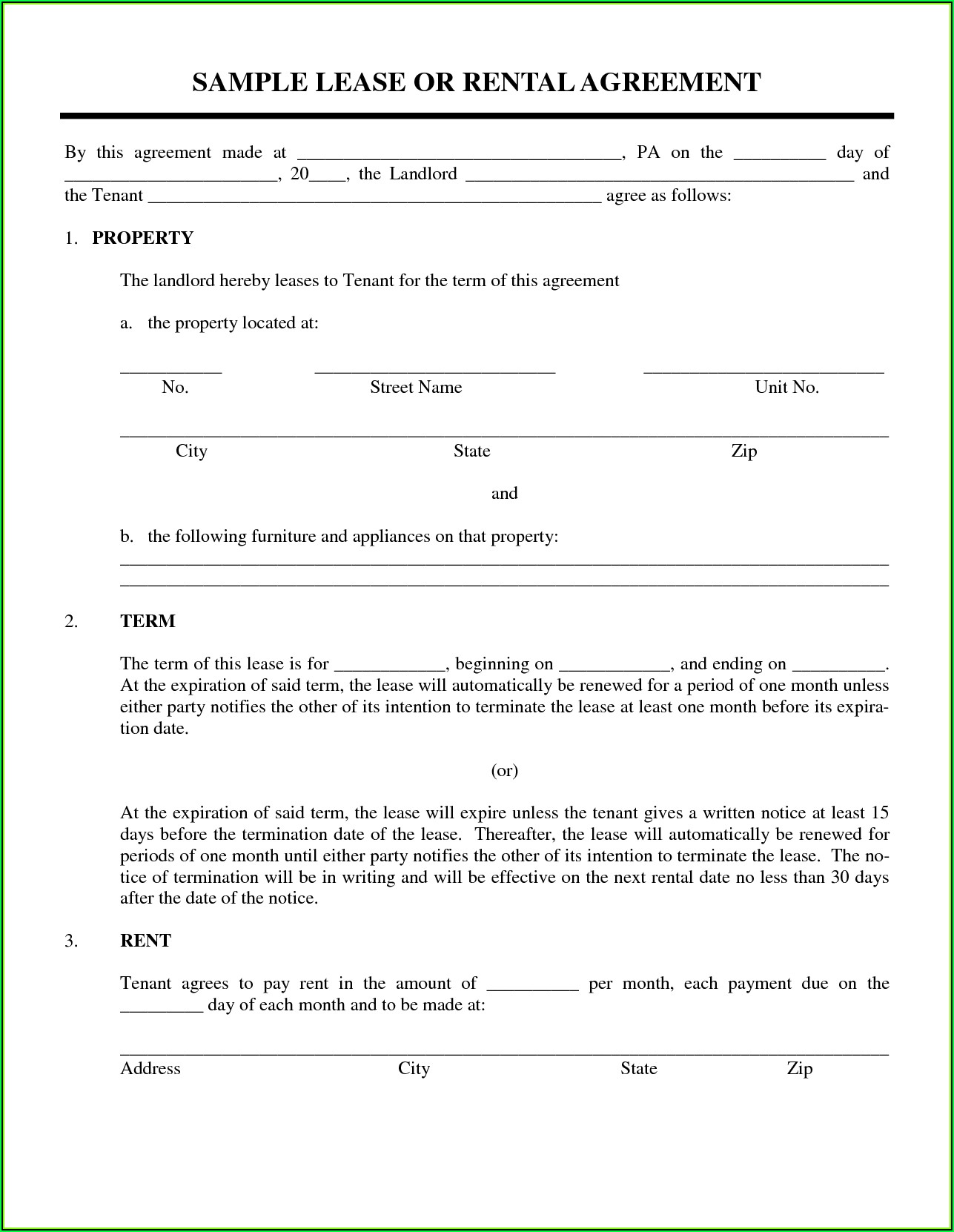 Template Of Lease Agreement For Apartment
