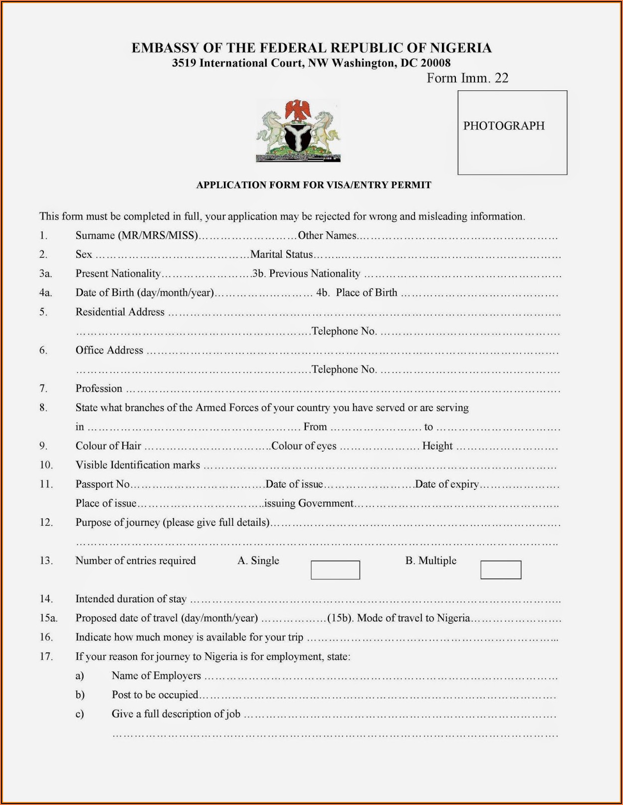 Visa Application Form Nigerian Embassy