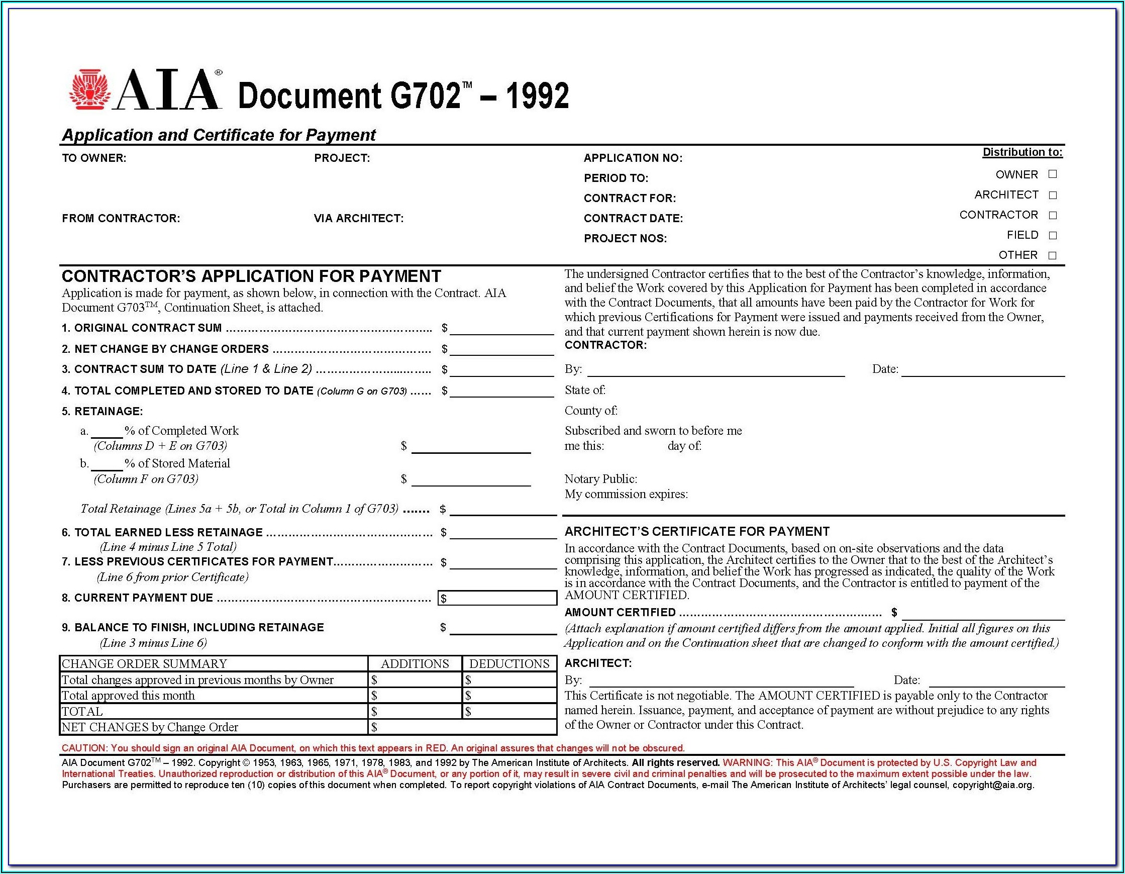 Aia Forms G702 Application And Certificate For Payment