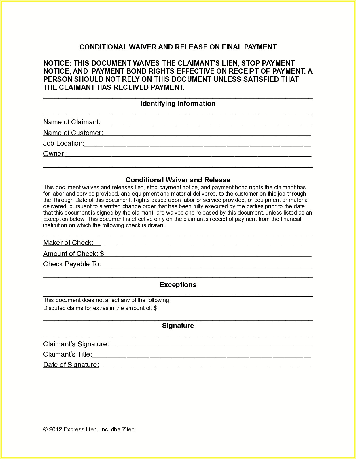 Chicago Title Final Waiver Of Lien Form Illinois