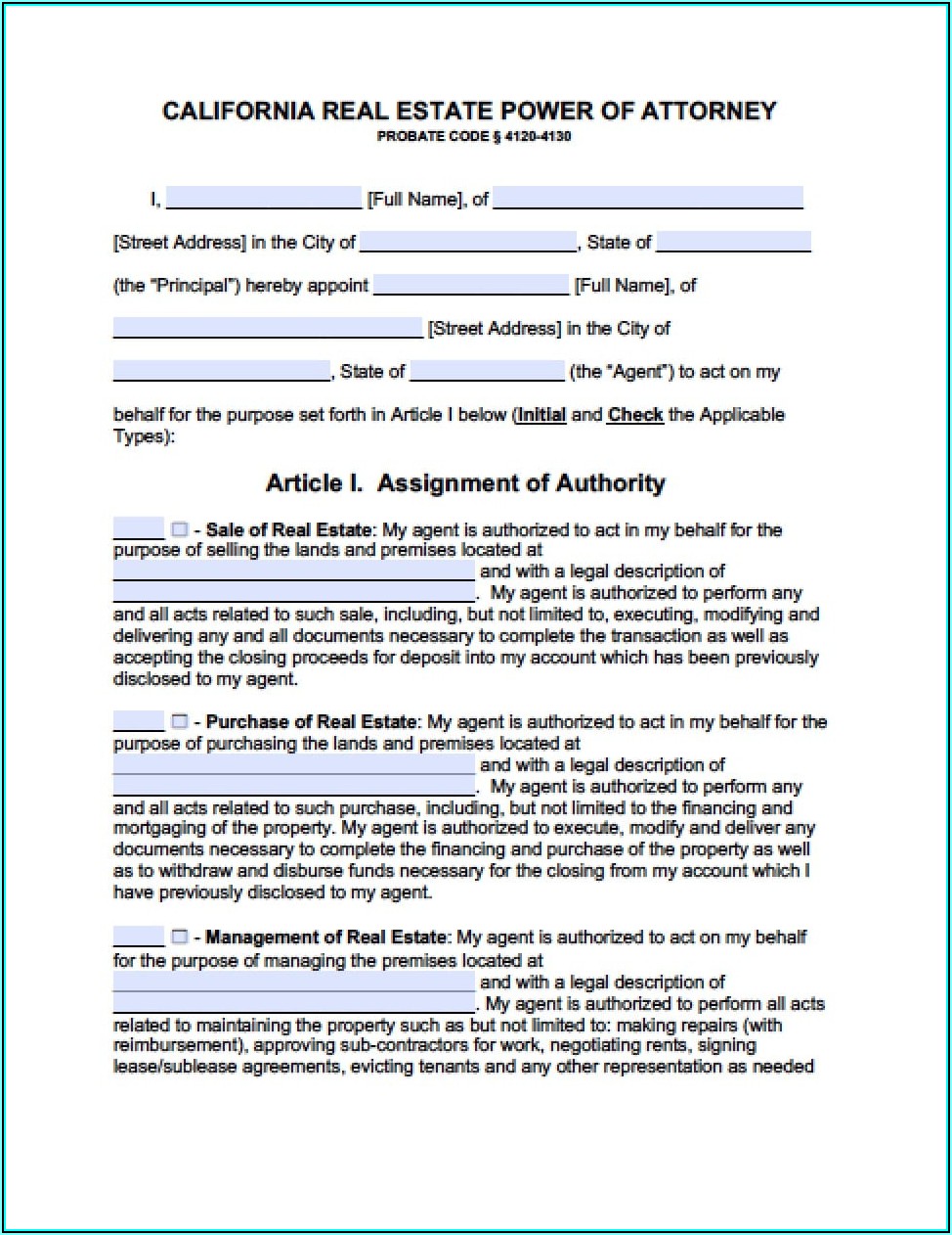 Free Durable Power Of Attorney Forms To Print California