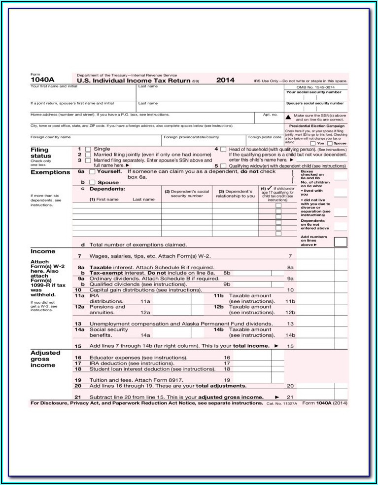 Irs Form 1040a 2014 Instructions
