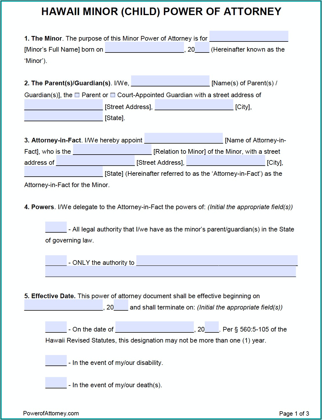 Legal Power Of Attorney Form Hawaii