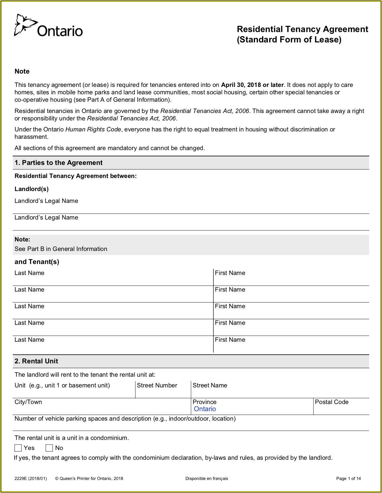 Rental Lease Agreement Form Ontario