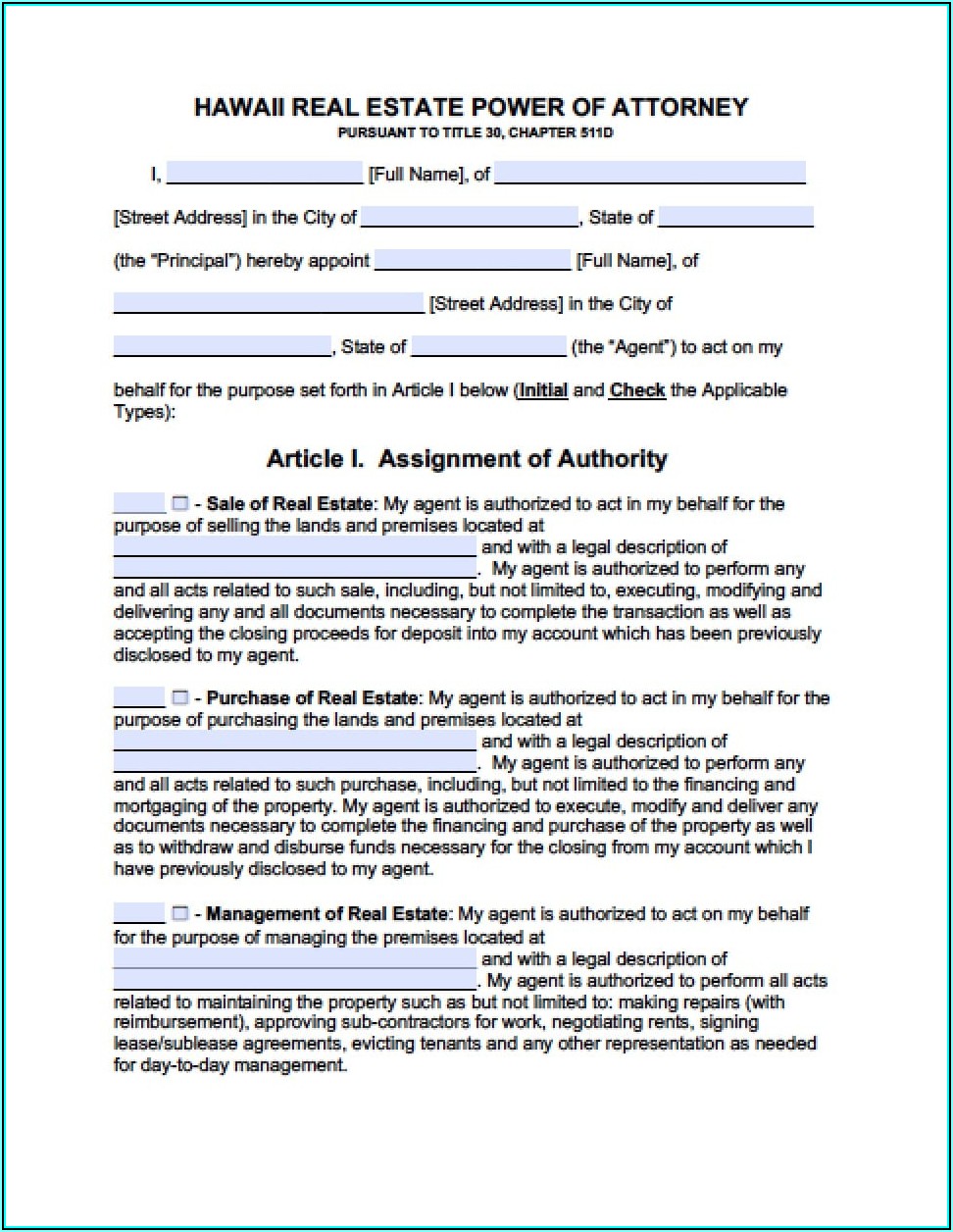 Sample Power Of Attorney Form Hawaii
