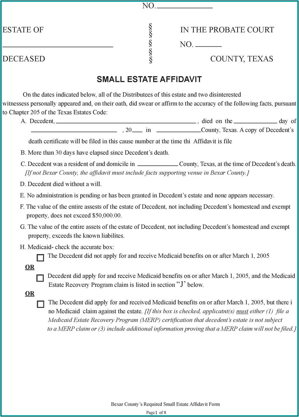 Small Estate Affidavit Form Bexar County Texas