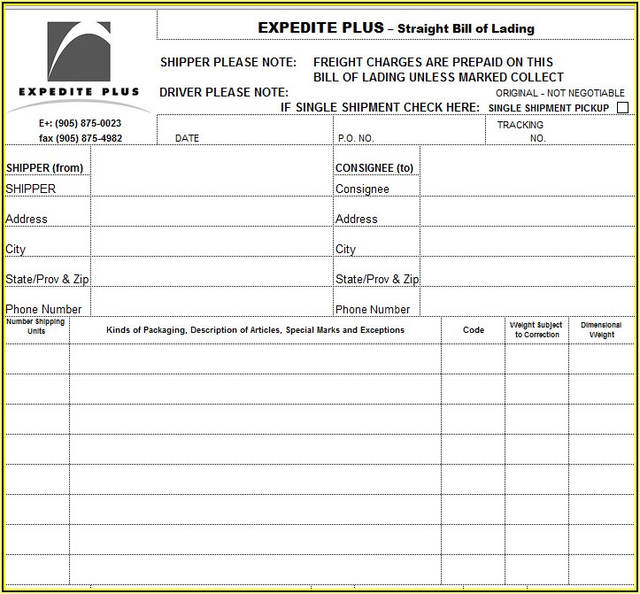 Straight Bill Of Lading Short Form Template Excel