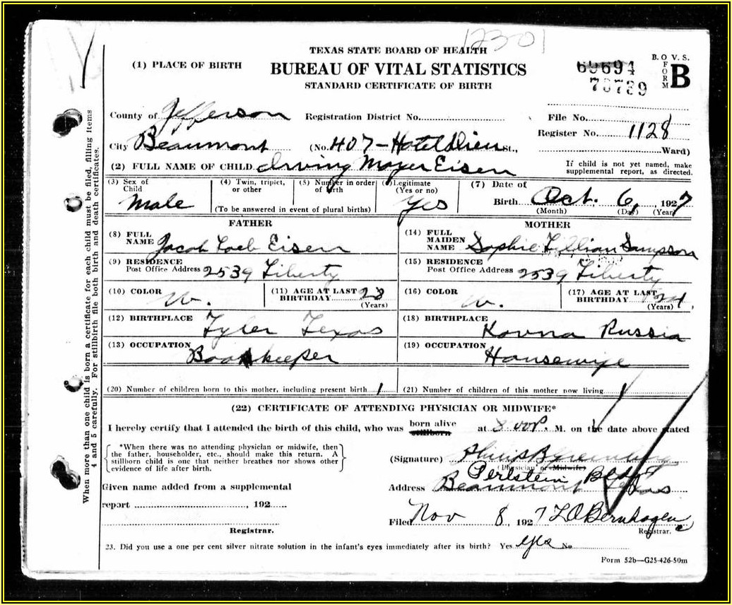 Texas Birth Certificate Form