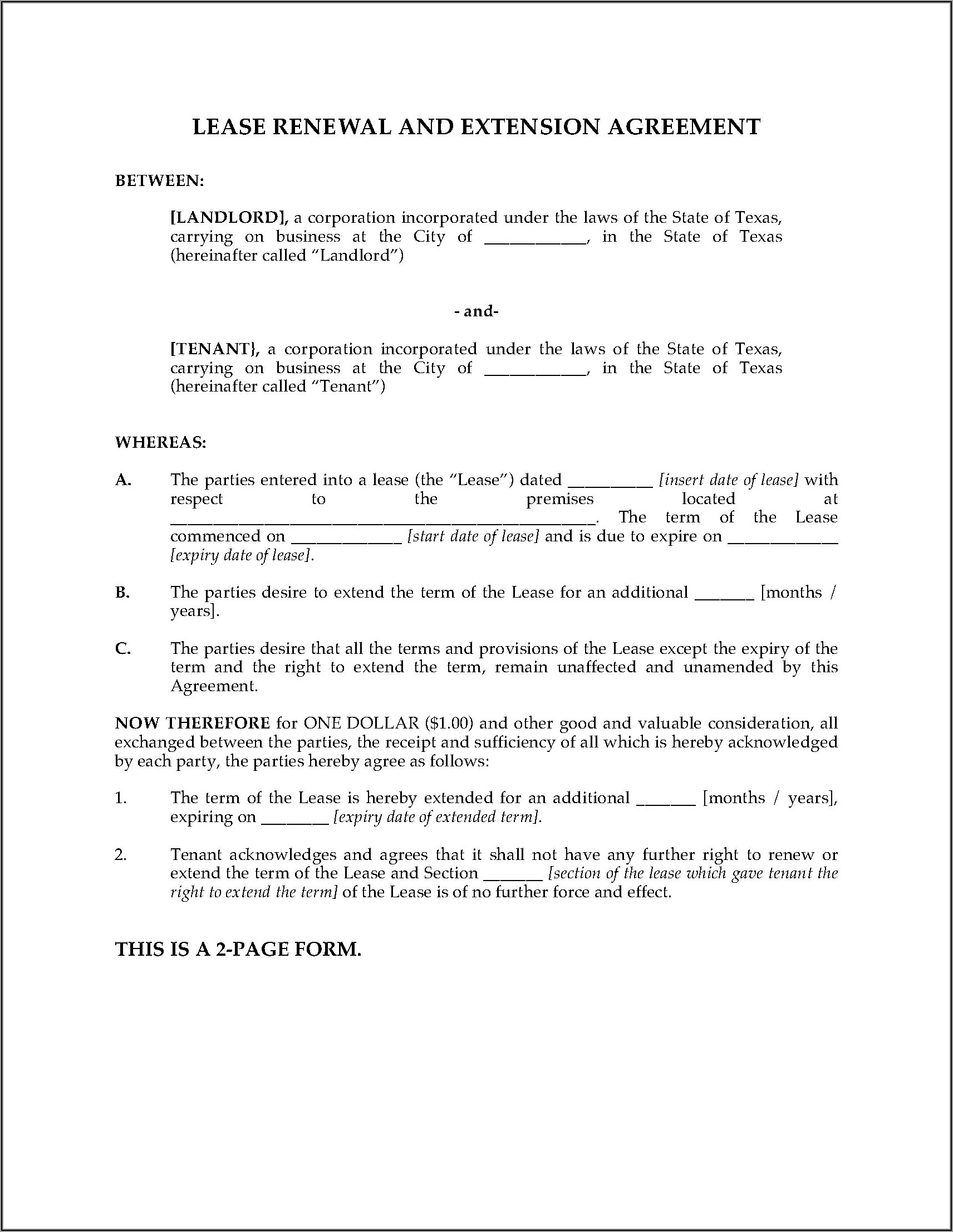Texas Commercial Lease Extension Form
