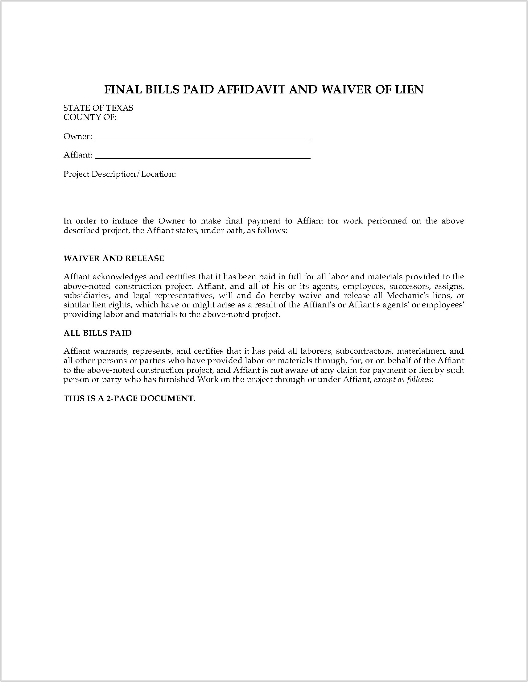 Texas Property Code Statutory Lien Waiver Forms