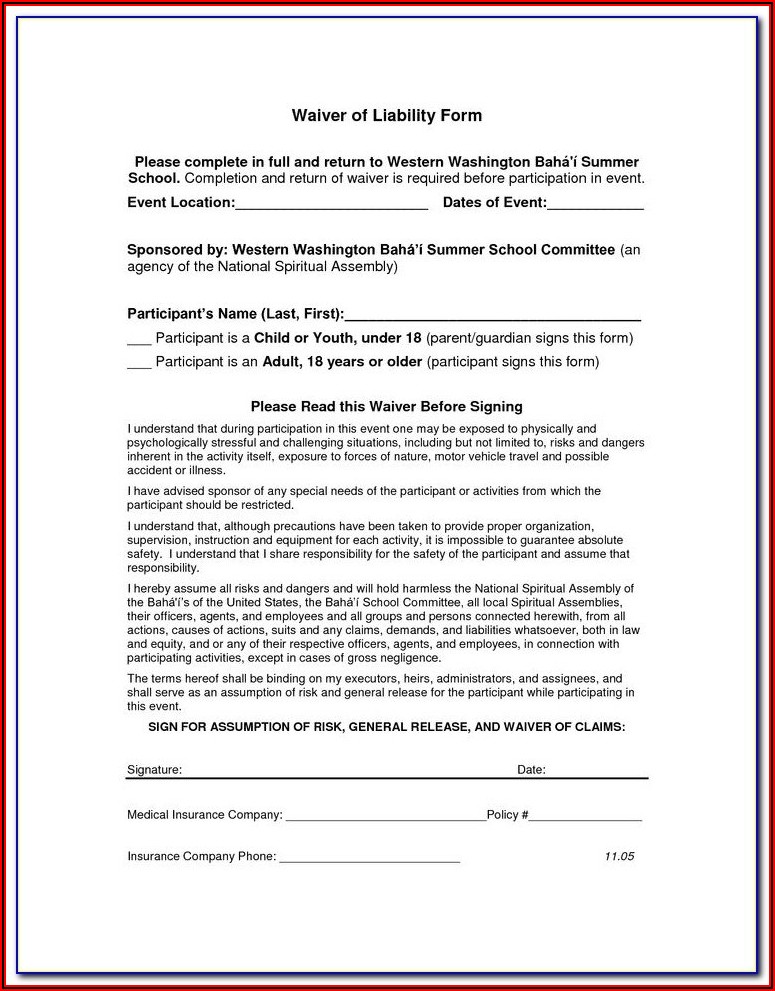Accident Waiver And Release Of Liability Form Template