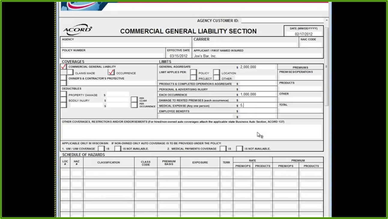 Acord Form 125 126 And 140 Fillable