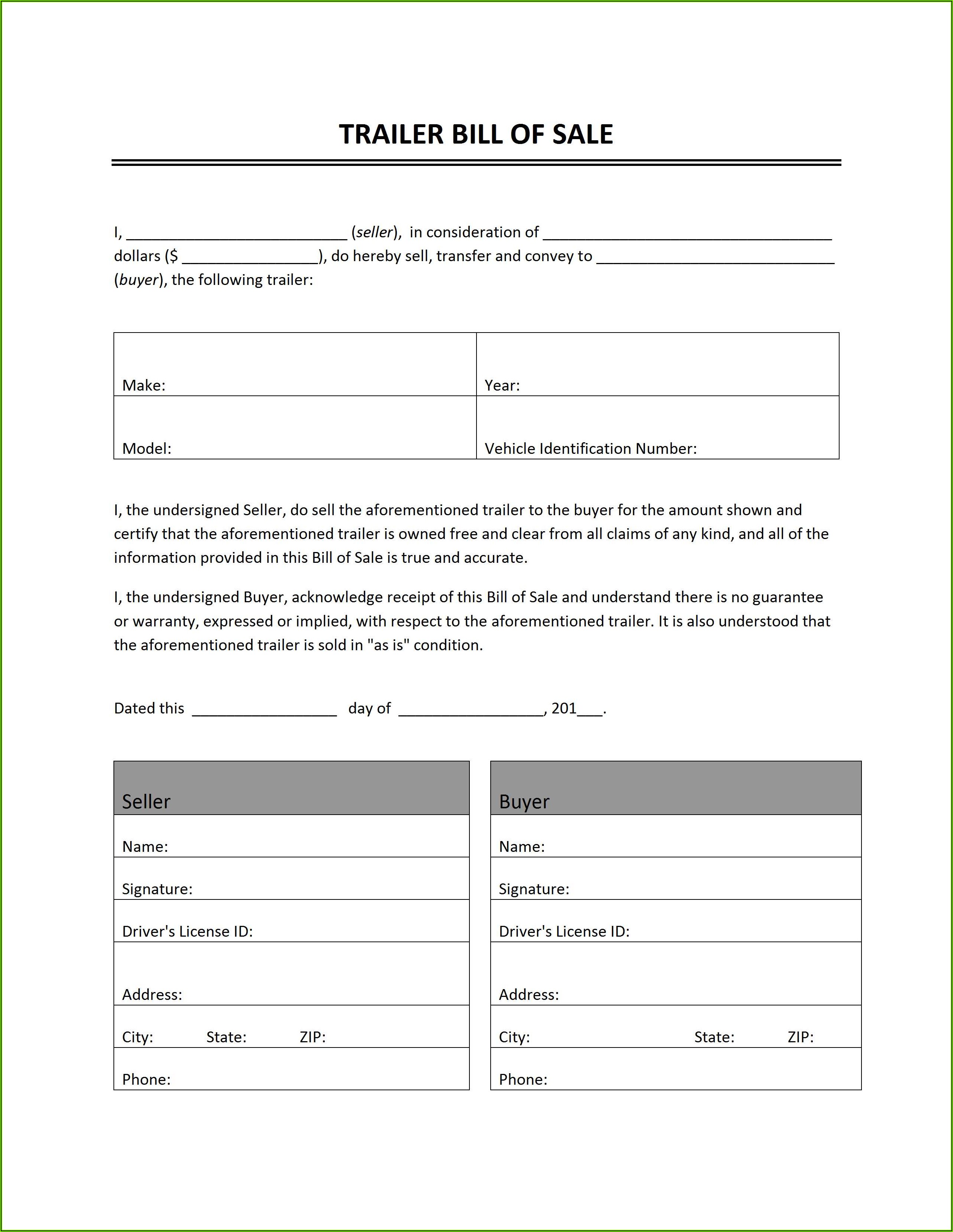 Bill Of Sale Form For Motorhome
