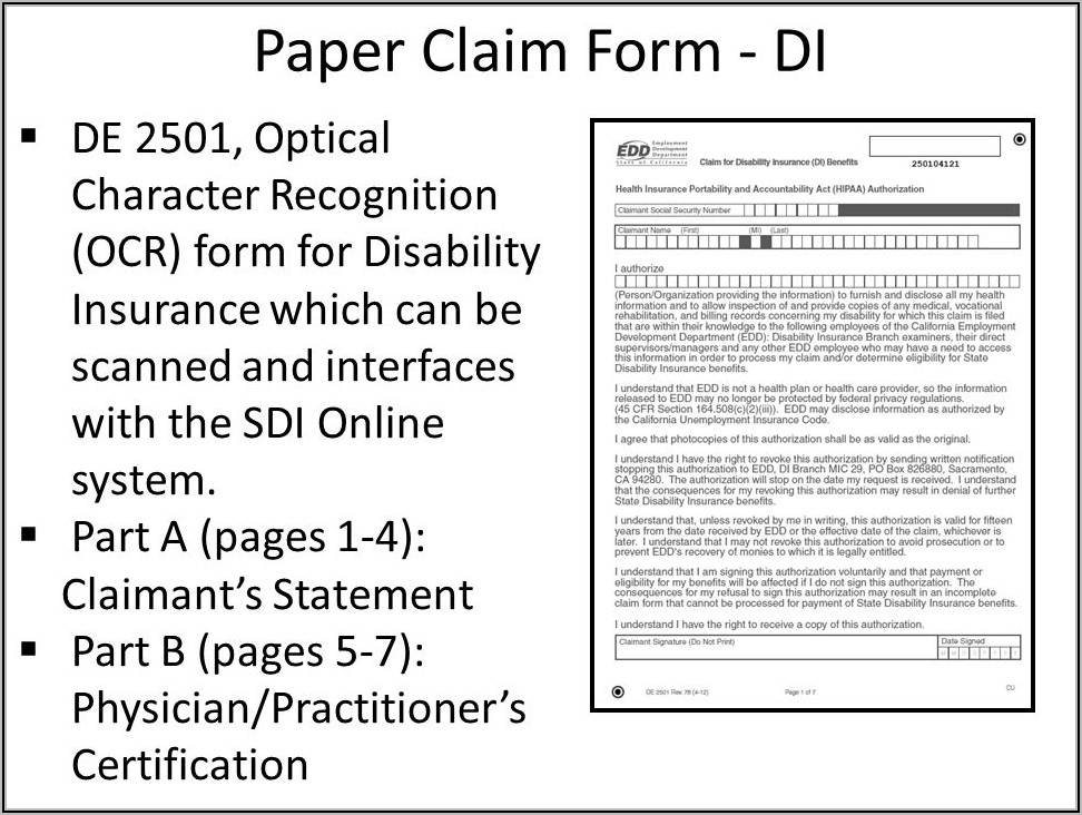 California State Disability Claim Form De 2501