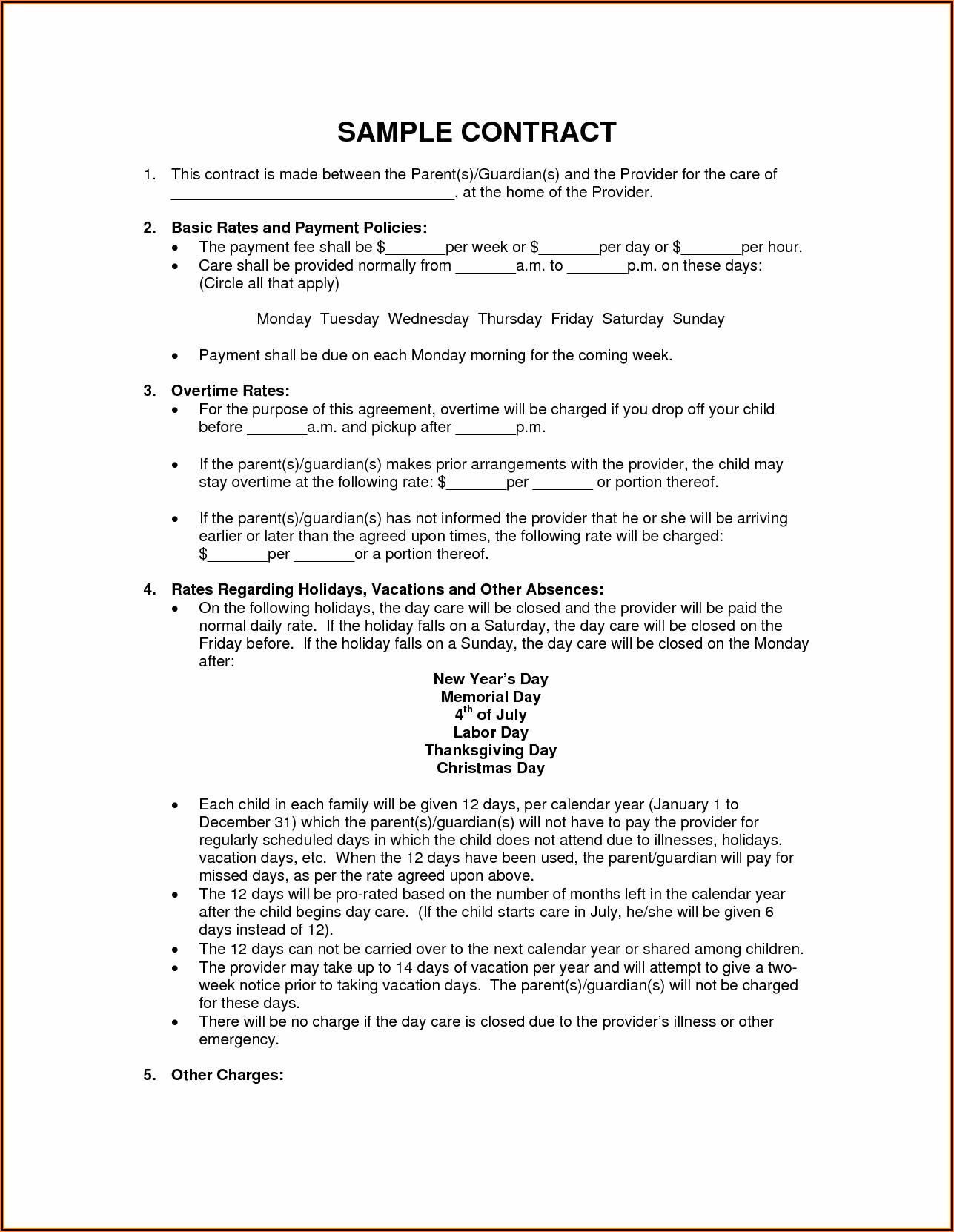 Child Care Contract Format