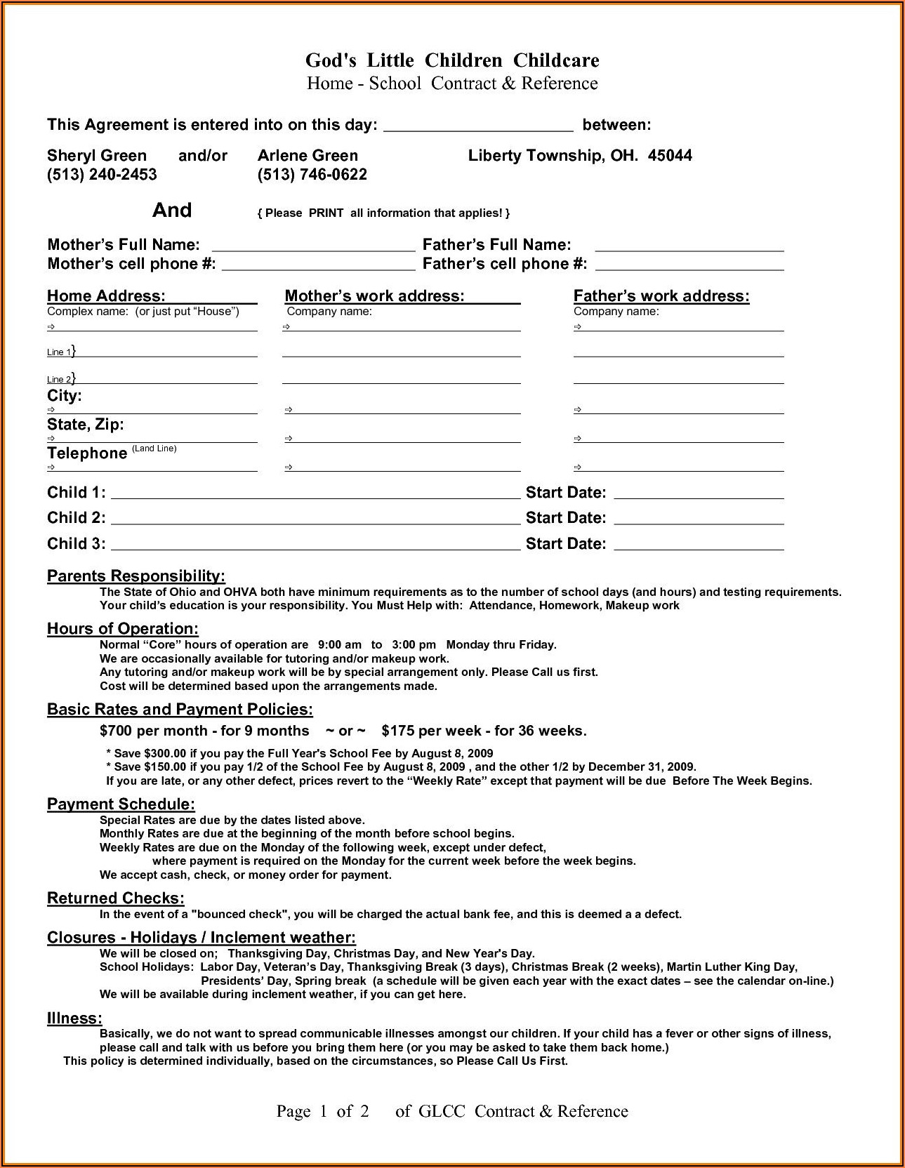 Child Care Contract Forms