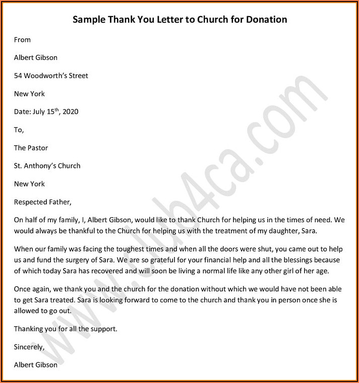 Donation Thank You Letter Template For Church