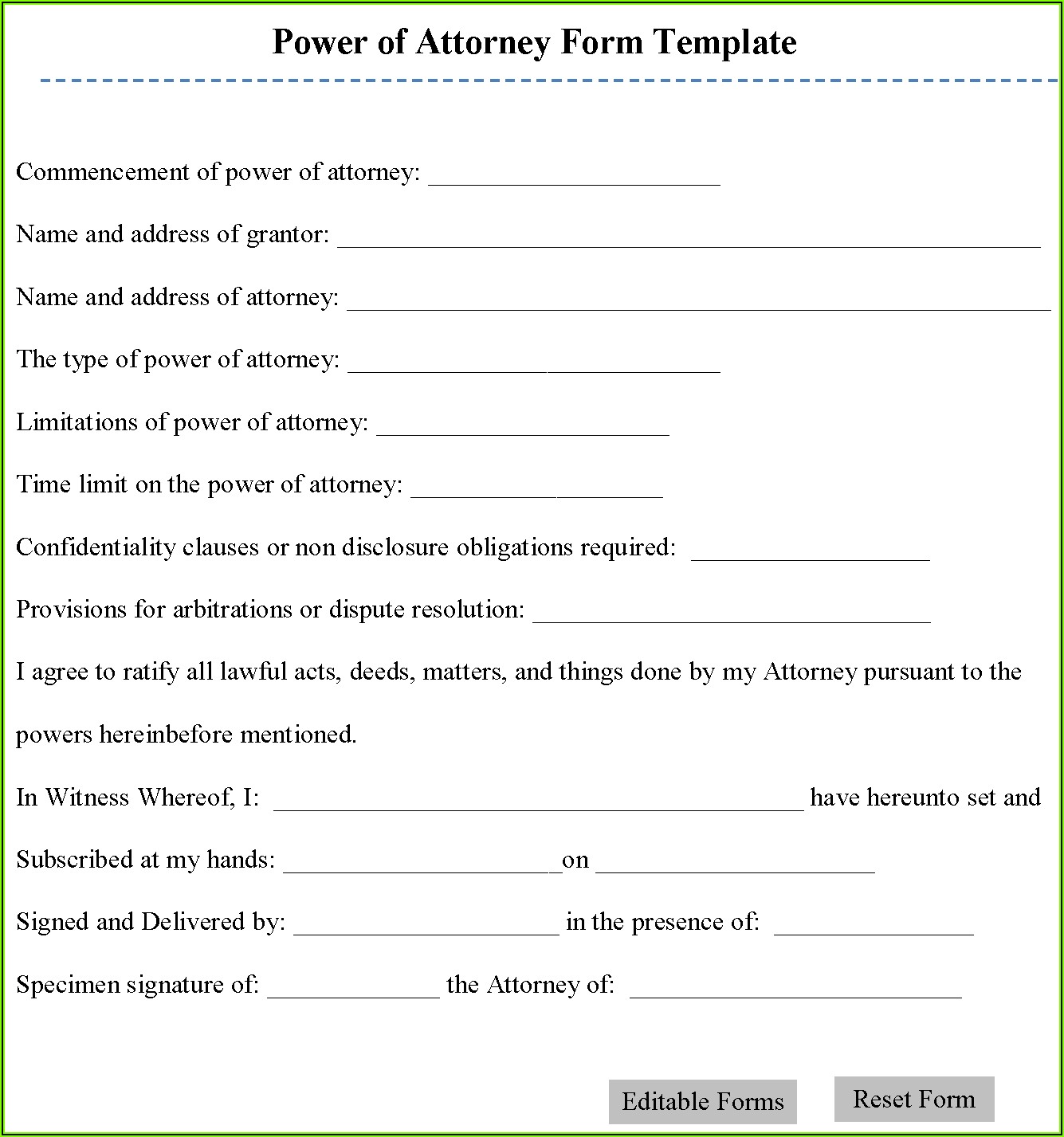 Editable Power Of Attorney Form