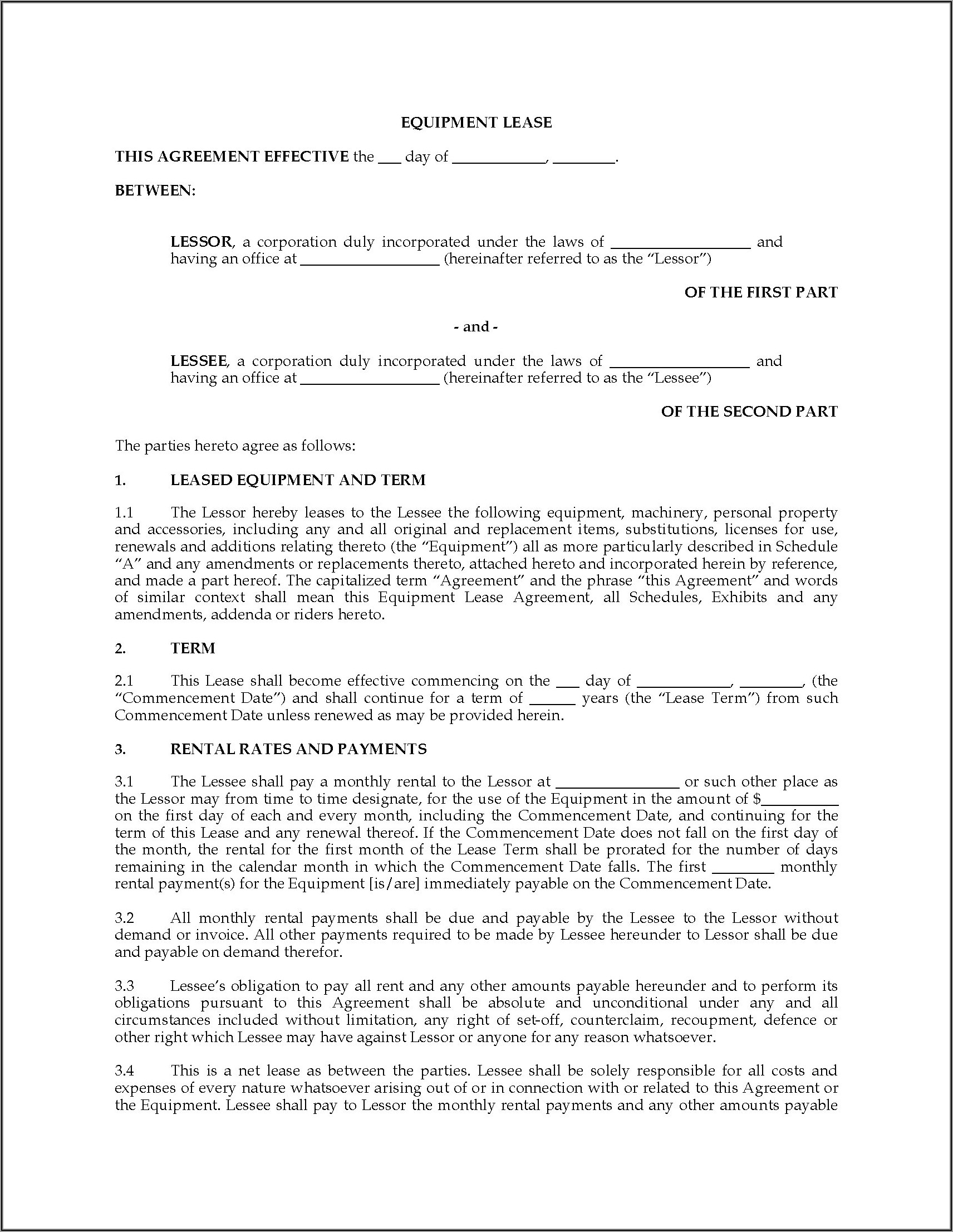 Equipment Lease Agreement Template Canada