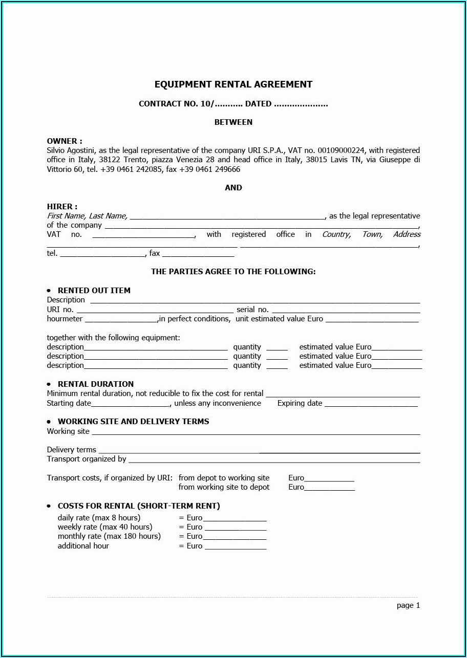 Equipment Renting Contract Template